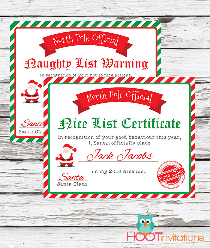 Naughty and Nice list certificates - Hoot Invitations