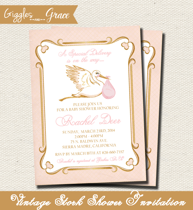 Vintage stork baby shower invitation