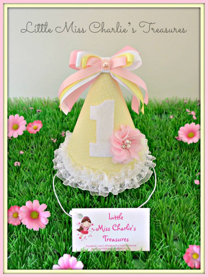 Pink and yellow custom party hat - Little Miss Charlie's Treasures