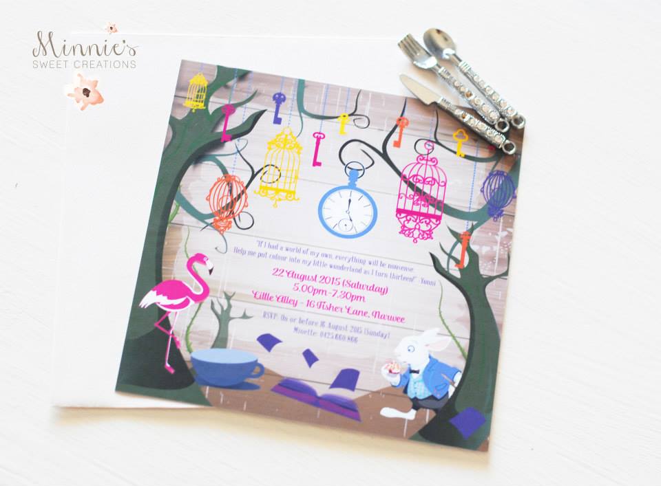 Alice in wonderland party invitation - Edge House Design featured in party by Minnie's Sweet Creations