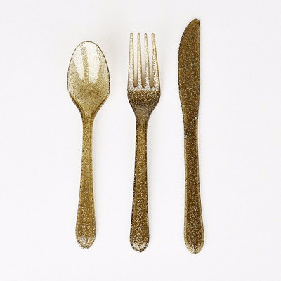 Gold glitter cutlery, $8.95, 24 pack - Ruby Rabbit Partyware