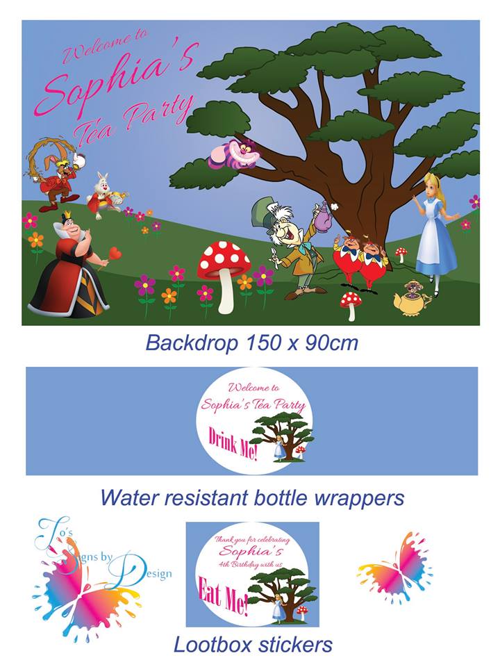 Alice in wonderland party stationery and backdrop - Jo's Signs by Designs