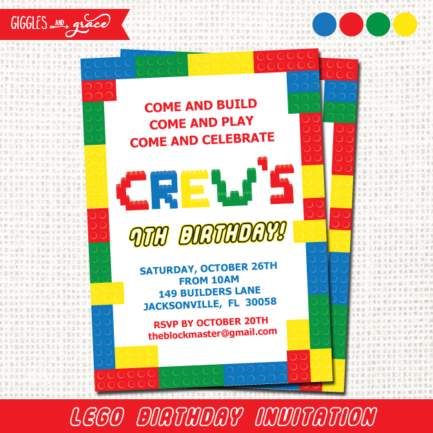Lego party invitation - Giggles and Grace Designs