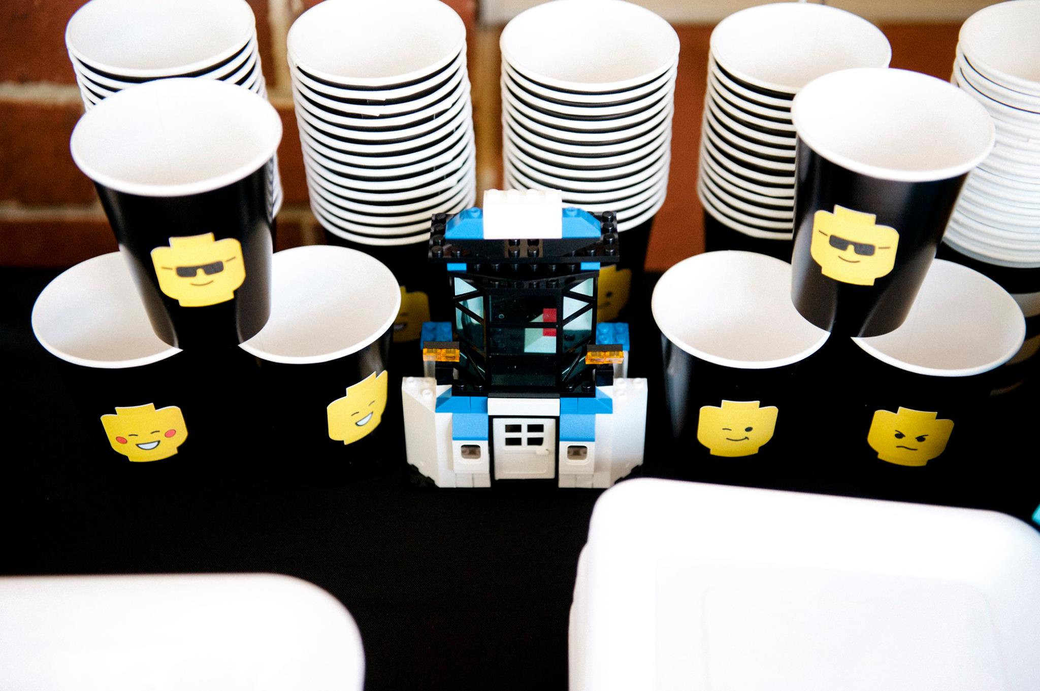 Lego stickers for cups - Glitter and Glue Designs Party styling by Dream a little Dream children's parties