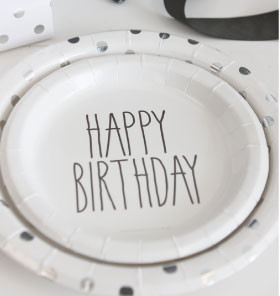 Black and white happy birthday plates - Saffy and May