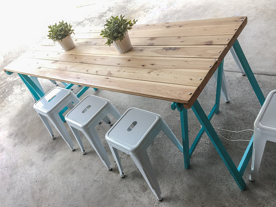 Rustic table for hire with teal legs - Petite Events Hire Sydney