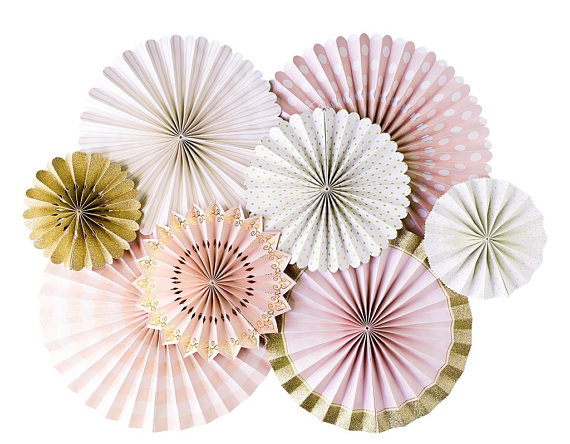 pink and gold paper fans
